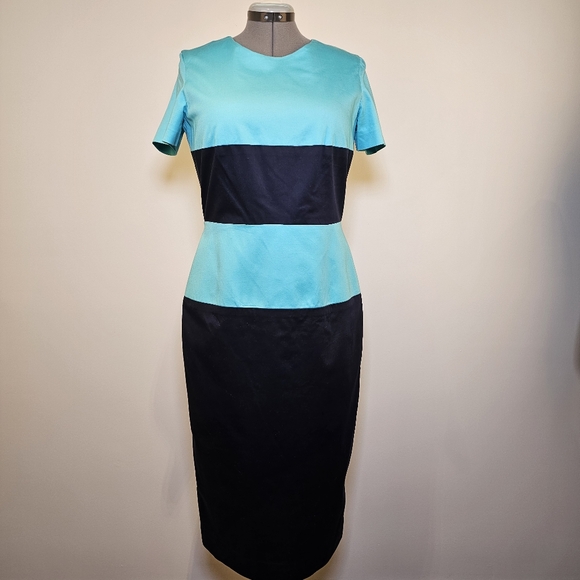 Custom handmade blue navy color block lined tea-length midi dress size 12 US - Picture 2 of 5